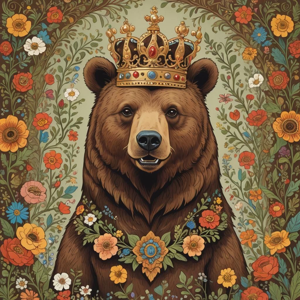 Crowned Brown Bear in Folk Art Style