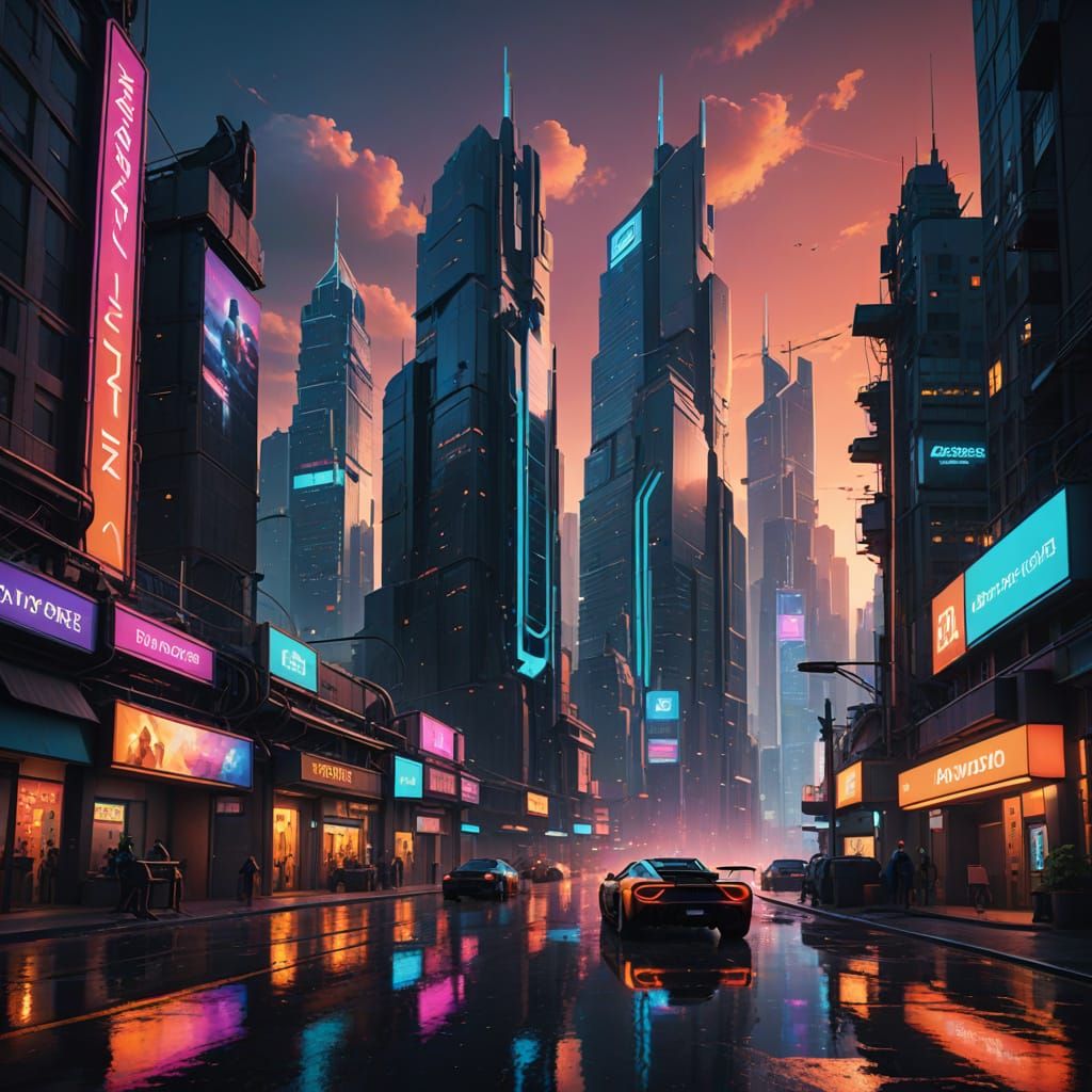 Sleek Futuristic Metropolis in Neon-Lit Golden Hour