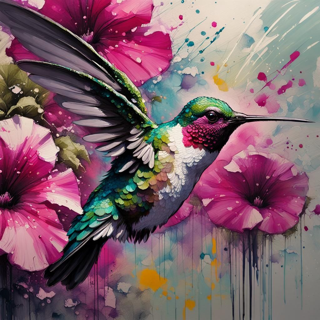 Hummingbird and Petunias Speedpaint Fine Art