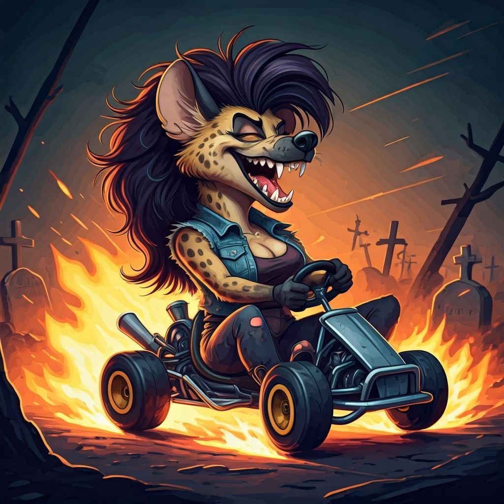 She-Hyena Caricature Screaming in Flaming Go-Kart