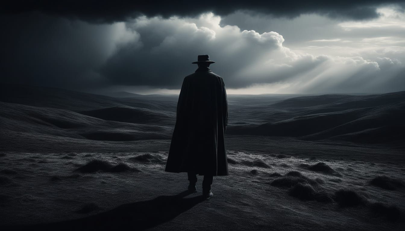 Mysterious Figure in Desolate Landscape