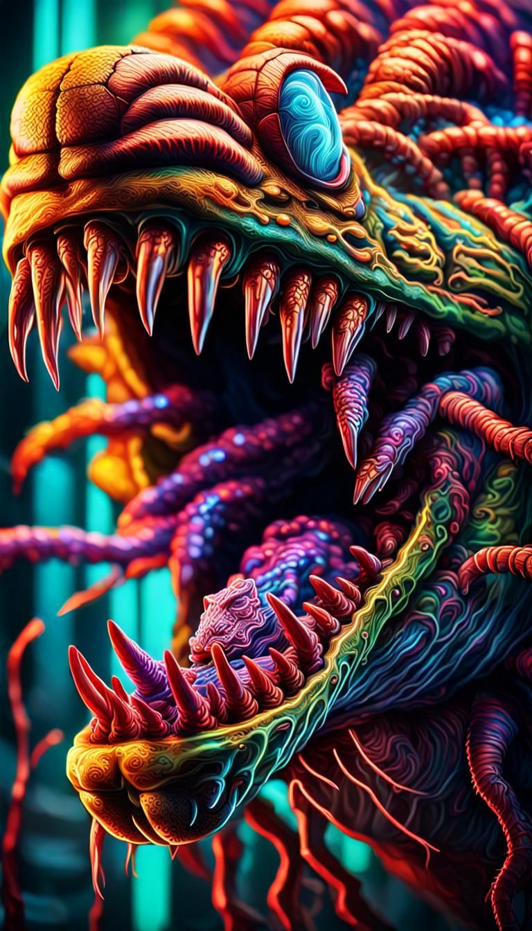 A neon centipede crawling out of a screaming womans mouth in...