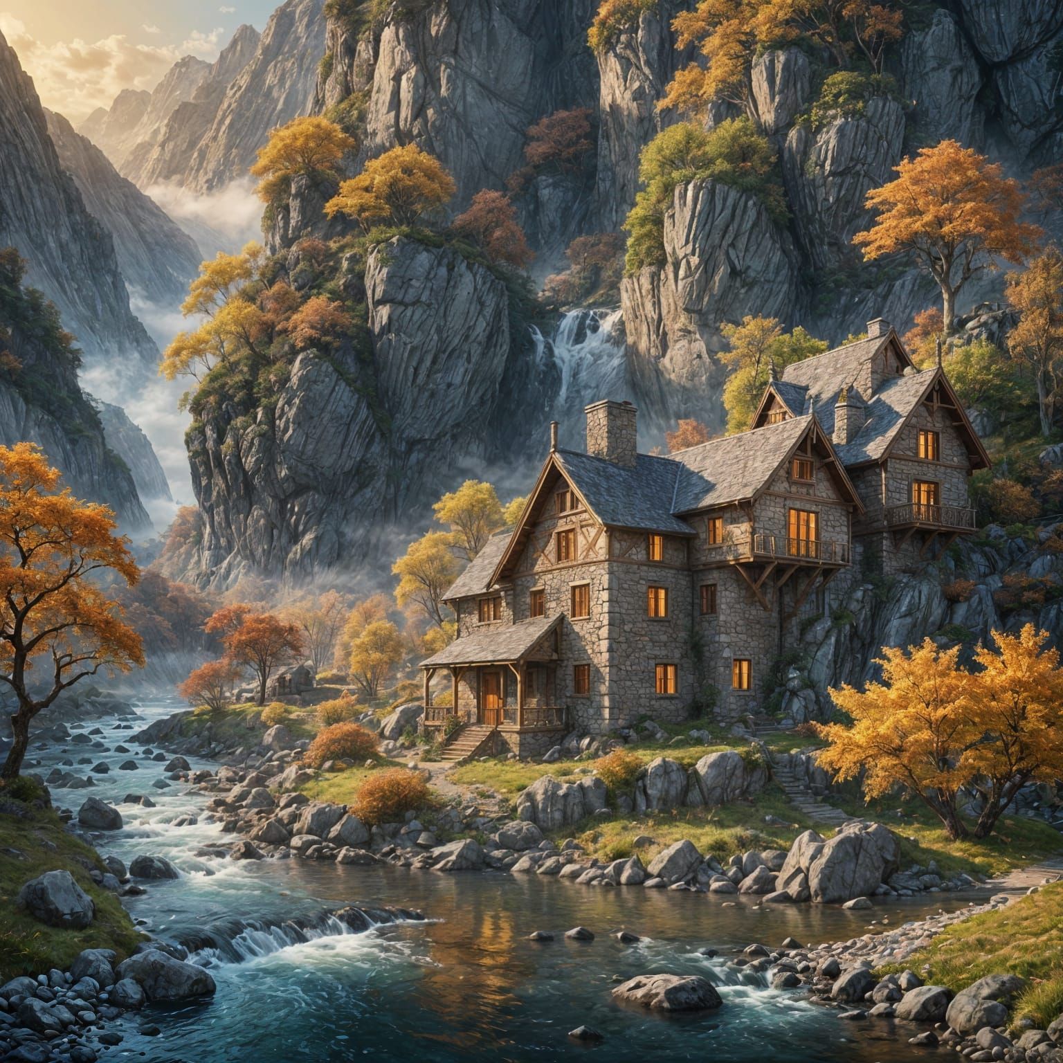 Enchanting Stone House Between Mountains, Fantasy Concept Ar...