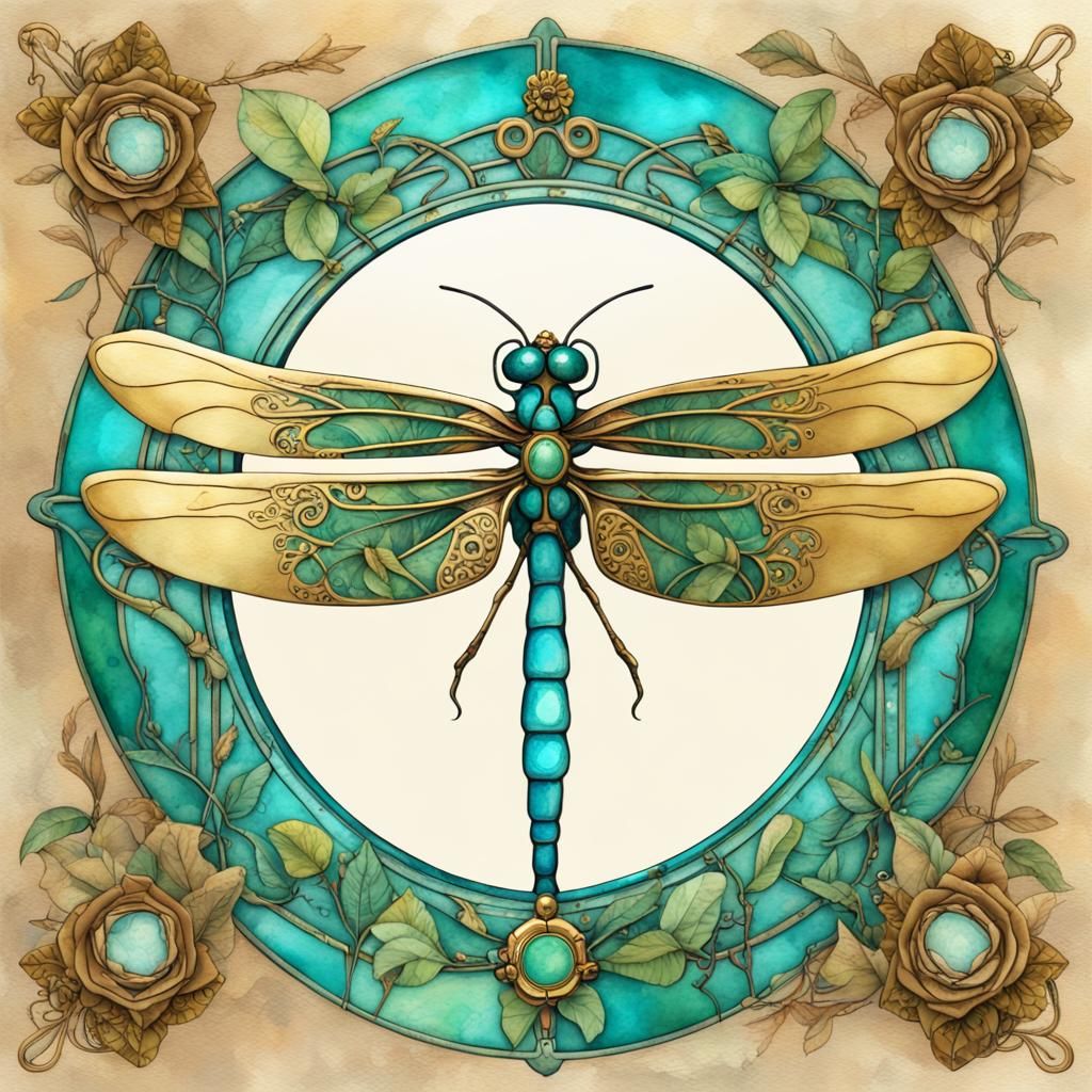 Steampunk Dragonfly in Art Nouveau Watercolor