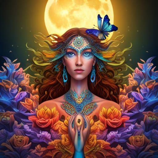 Psychedelic Butterfly Woman Flying to Golden Moon