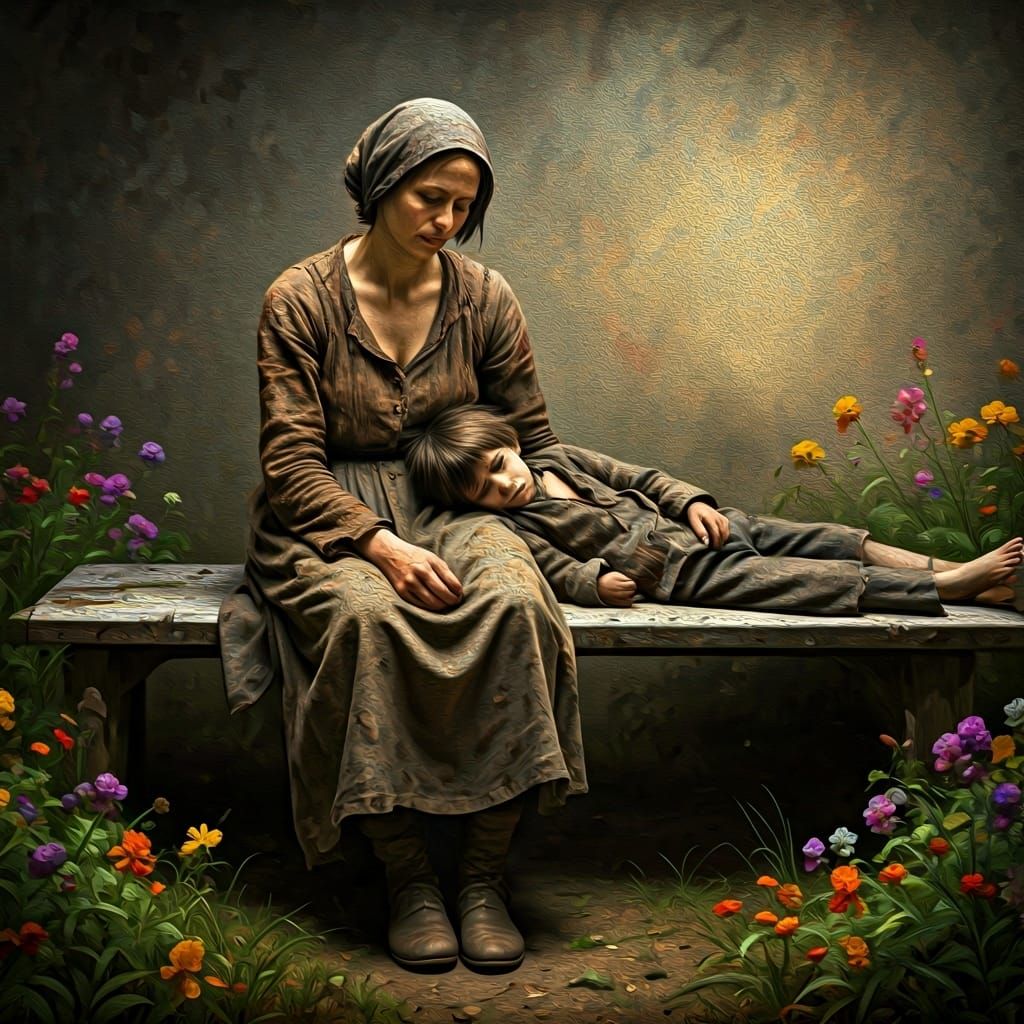 Melancholy Woman and Boy in Old Master Style