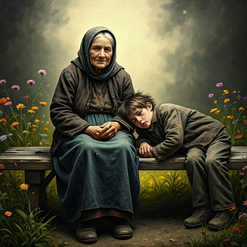 Poignant Portrait of Elderly Woman and Boy