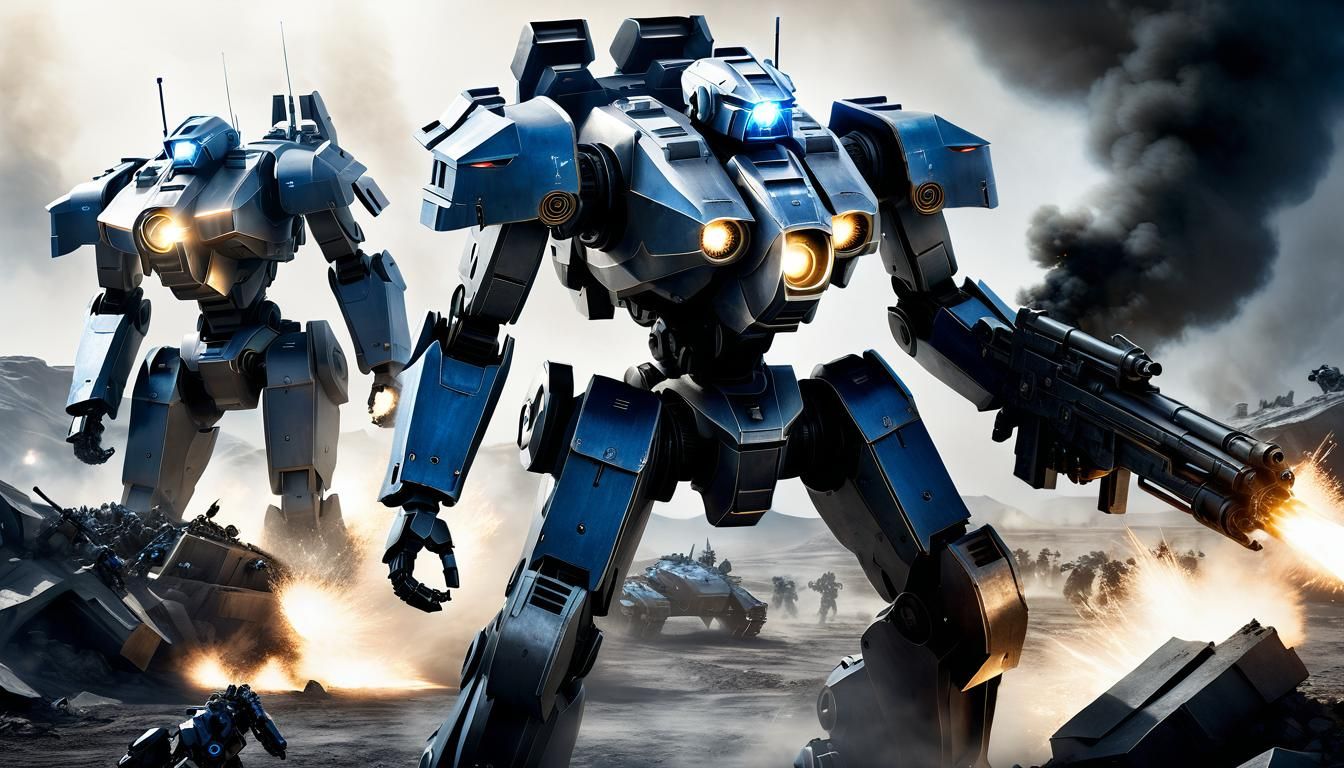 Battlemech Charges on Battlefield in Photorealistic Style