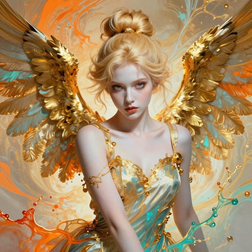 Angel With Golden Wings in Alcohol Ink Style