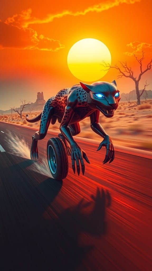 Metallic Cheetah-Car Hybrid on Desert Highway