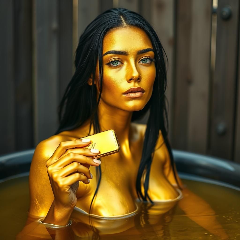 Golden Woman Taking a Bath in Liquid Gold