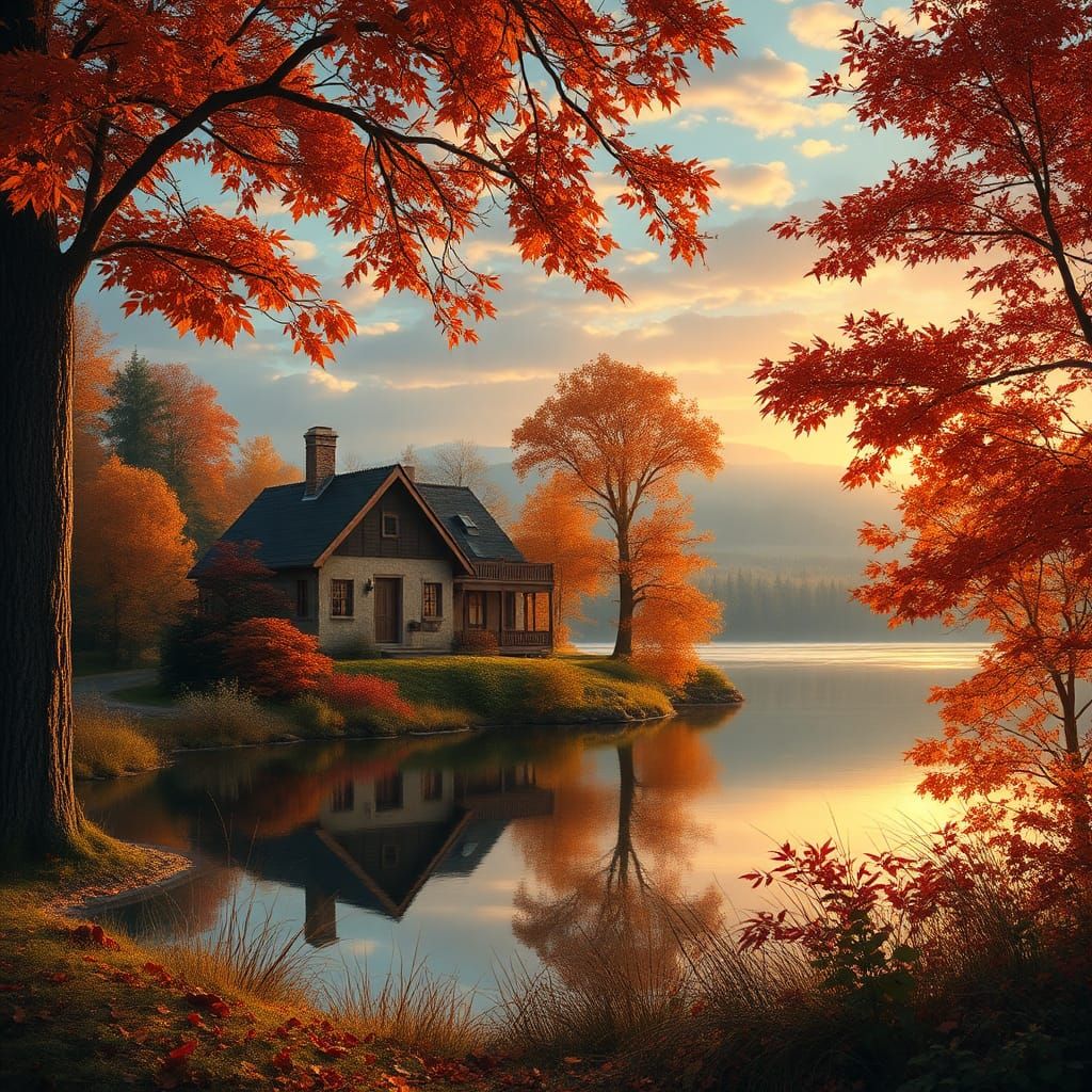 Autumn Cottage in Hyperrealistic Landscape at Sunset