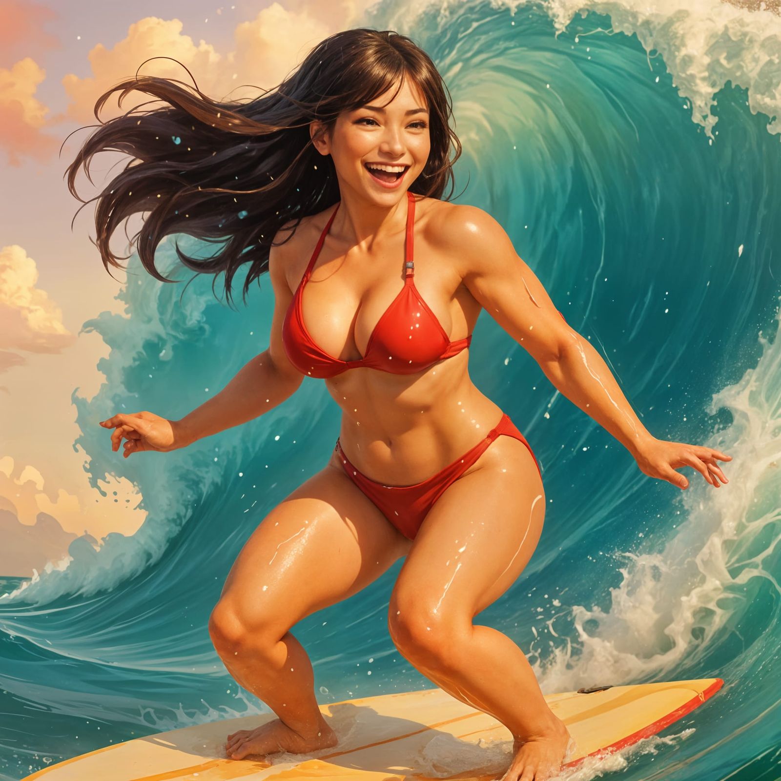 Bikini Surfer Rides a Pastel Wave