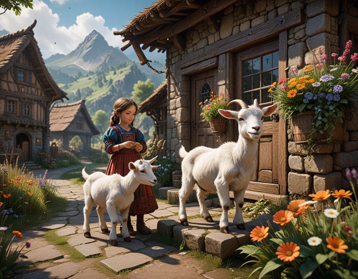 Traditional Village Scene with a Playful Goat