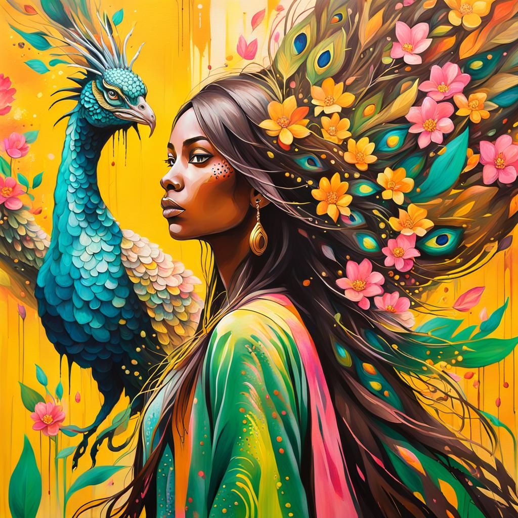 Dragon Peacock Woman in Abstract Fauvism Style