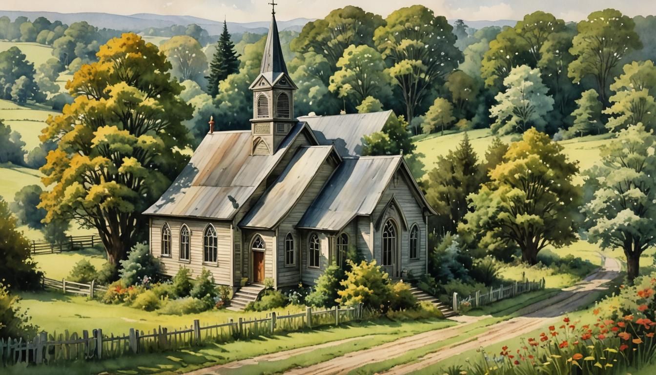 Forgotten Church: Hyperrealistic Romantic Watercolor Masterp...