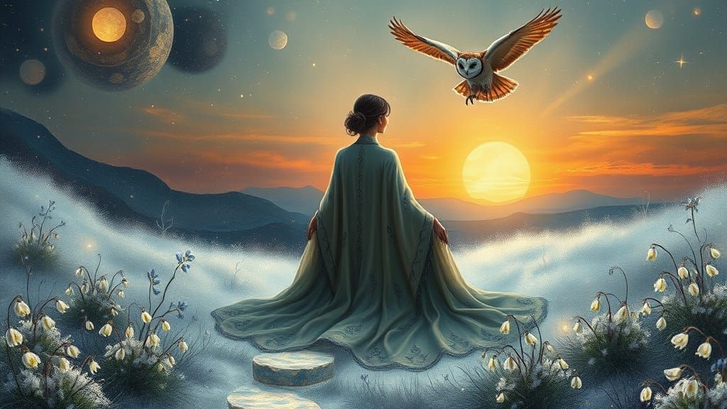 Ethereal Figure in Dreamlike Landscape with Majestic Owl and...