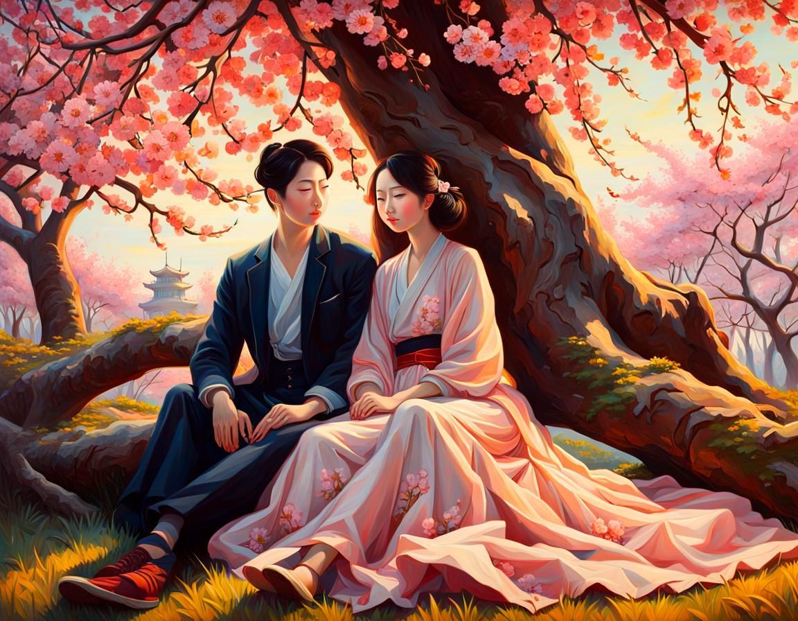 Couple Beneath Cherry Blossoms in Oil Painting Style