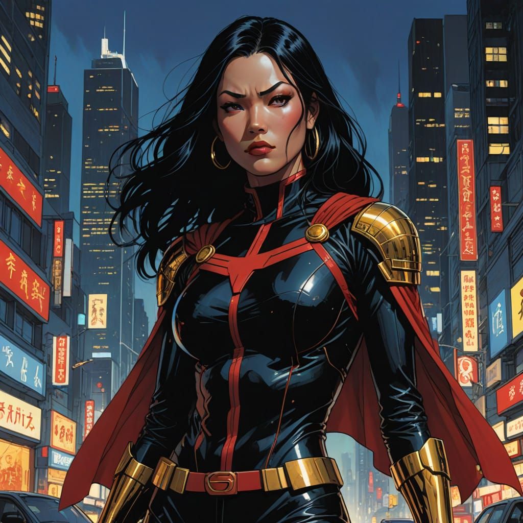Asian Superheroine in Futuristic Cityscape