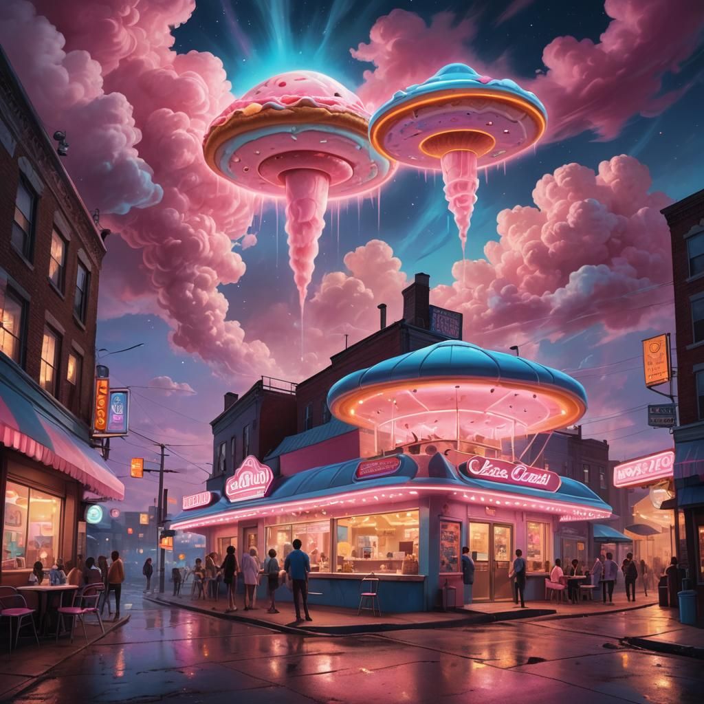 UFO Delivers Ice Cream: Vibrant Oil Painting