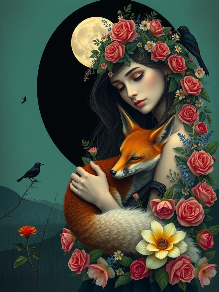 Gentle Woman in Floral Abundance Under Soft Moonlight