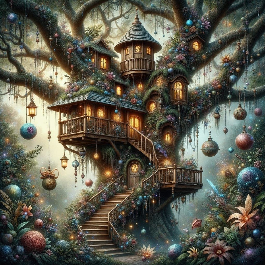 Whimsical Treehouse Nestled in Ancient Woods