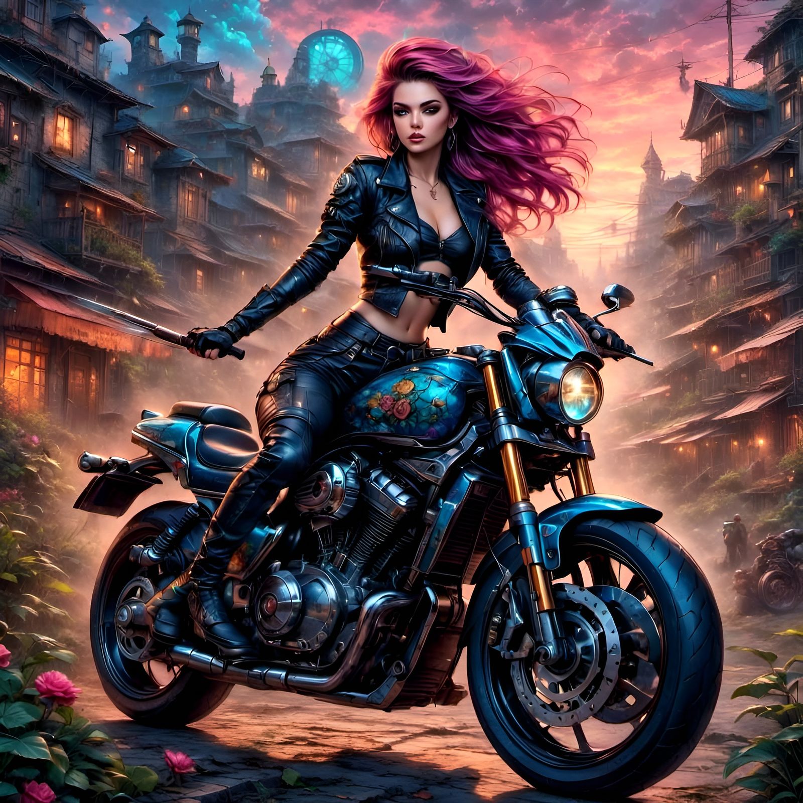 Steampunk Cyberpunk Woman Working on Motorcycle