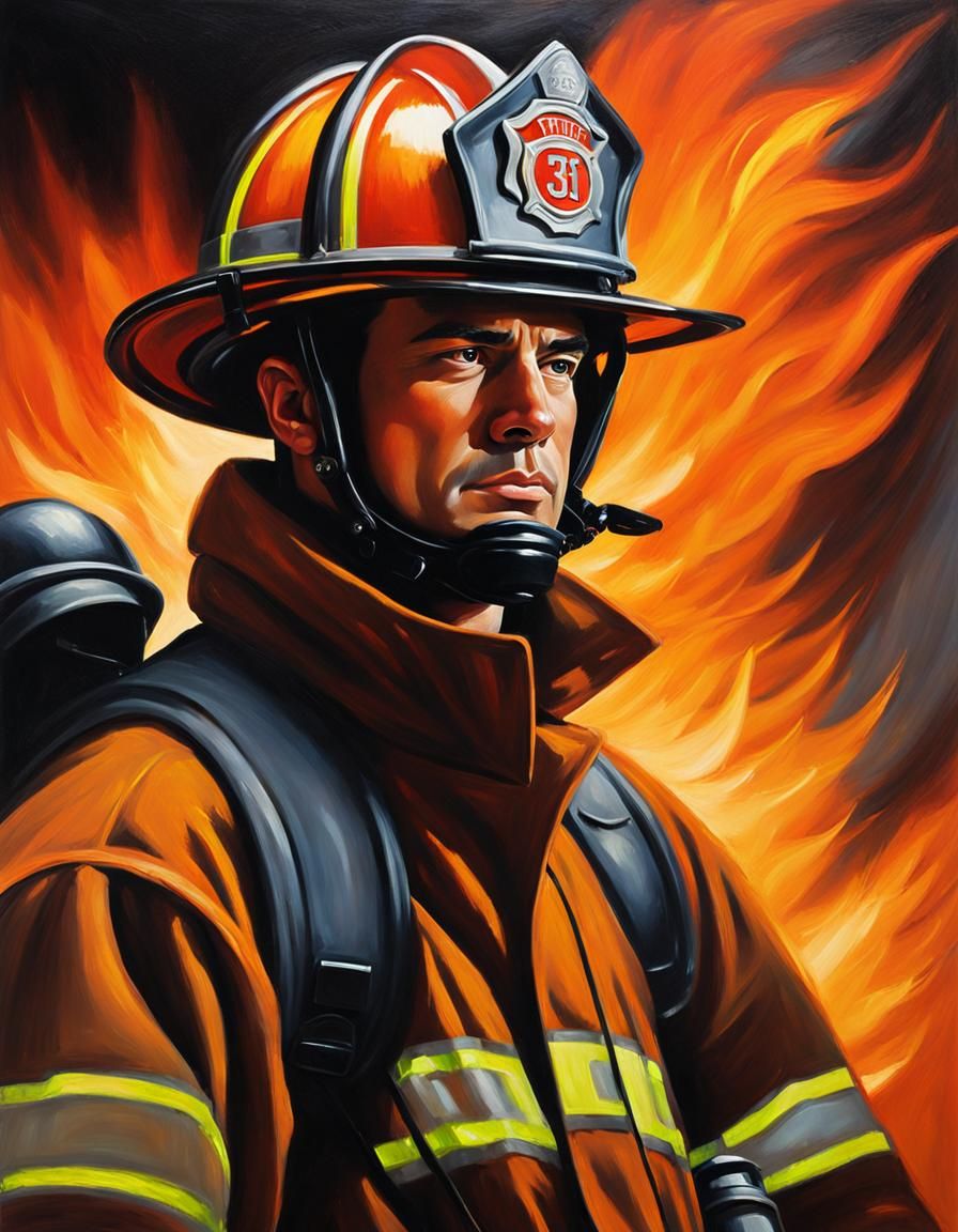 Firefighter in Flames: Stylized Oil Painting