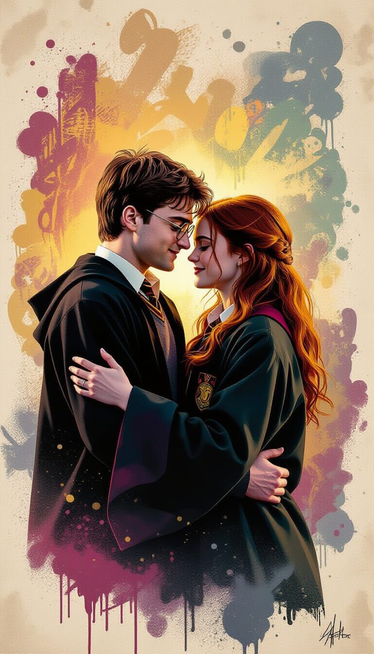 Harry Potter and Ginny Weasley Embrace in Graffiti Art