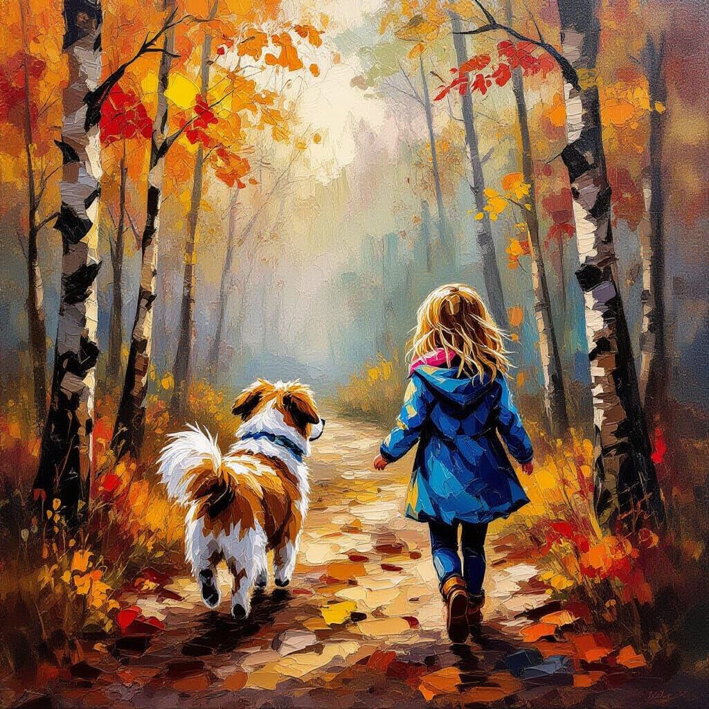 Fall Forest Walk: Girl and Dog in Neo-Impressionist Style
