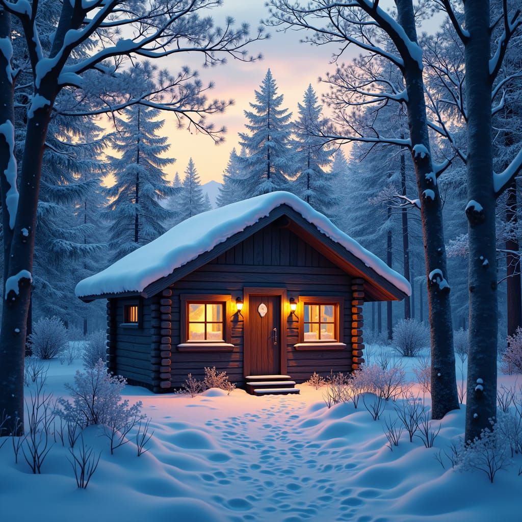 Winter Hut in Forest: Dreamlike Atmospheric Art
