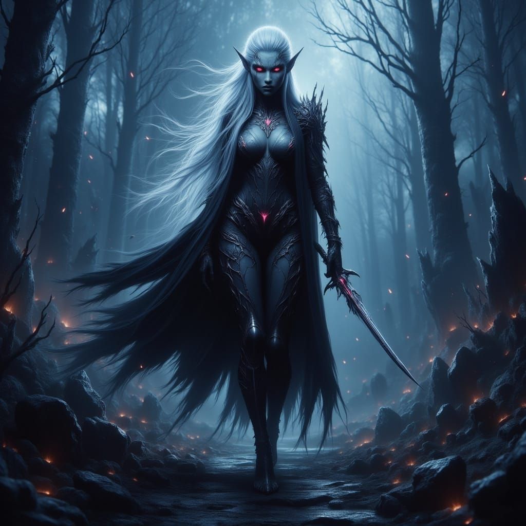 Drow Elf Warrior Wanders Twilight Hills