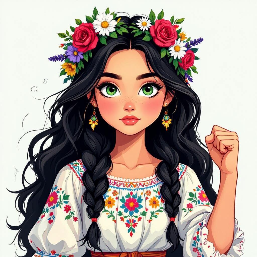 Ukrainian Girl Cartoon with Embroidered Blouse and Flower Wr...