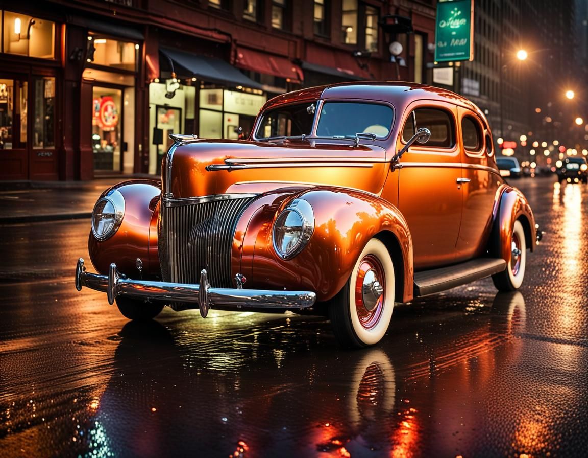 1940 Ford Sedan in Rainy New York Night