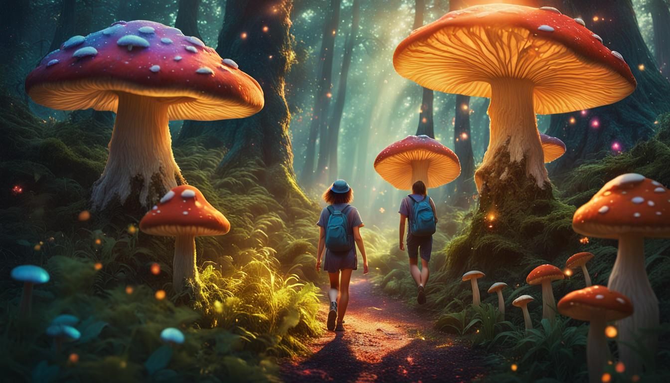 Mushroom Person in Summer Forest with Fairies