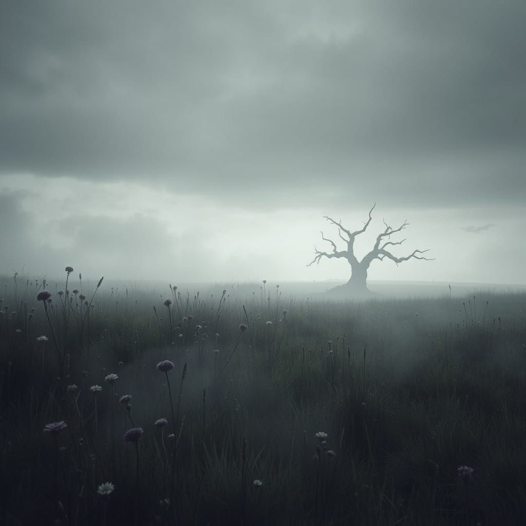 Misty Grassland with Lone Tree in Somber Sky