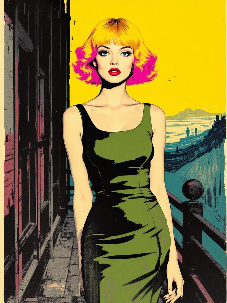 Pin-Up Woman with Pink-Tipped Hair in Bold Graphic Style