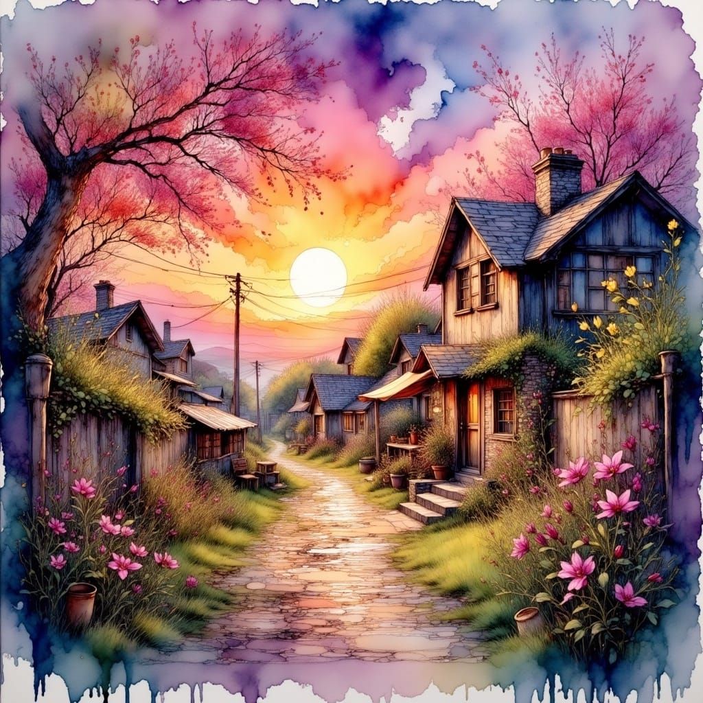 Rustic Country Village at Golden Sunrise: Watercolor Masterp...