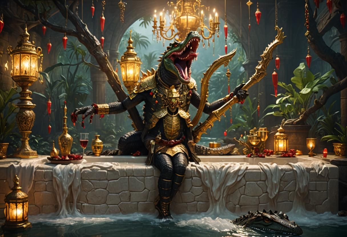 Crocodile Warrior in Luxurious Bath with Gold Details