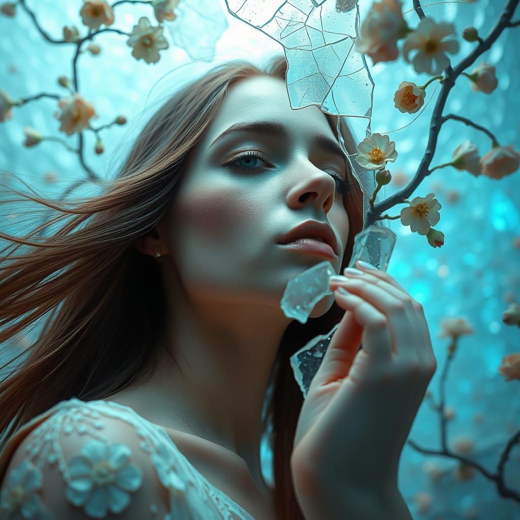 Ethereal Woman in Dreamlike Labyrinth of Light