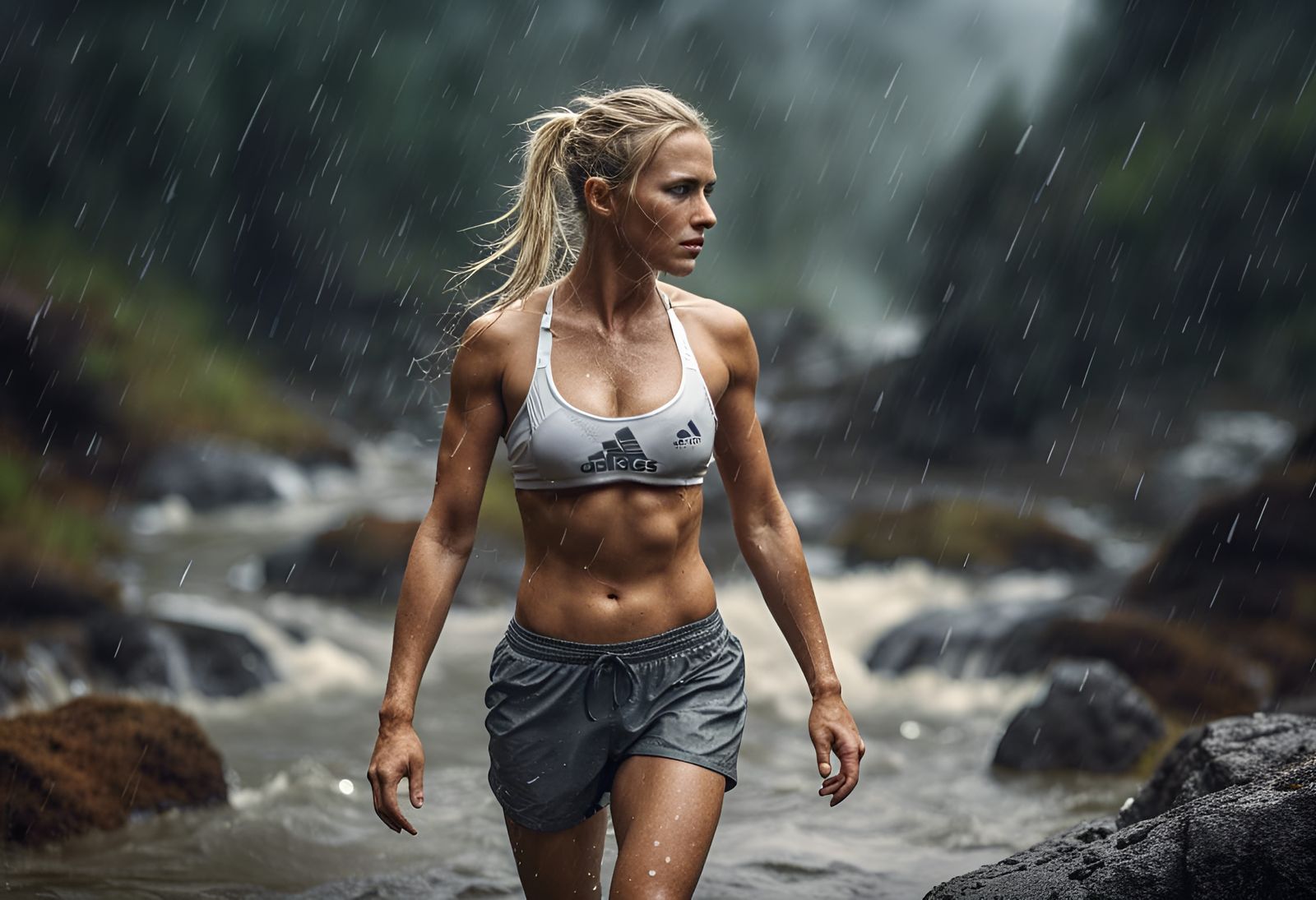 Hyperrealistic Woman in Mountain Stream During Rainstorm