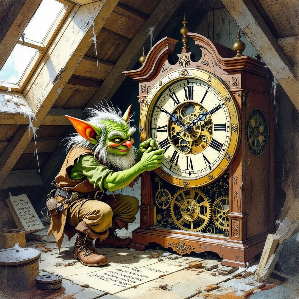 Gremlin's Grandfather Clock Repair: A Whimsical Scene