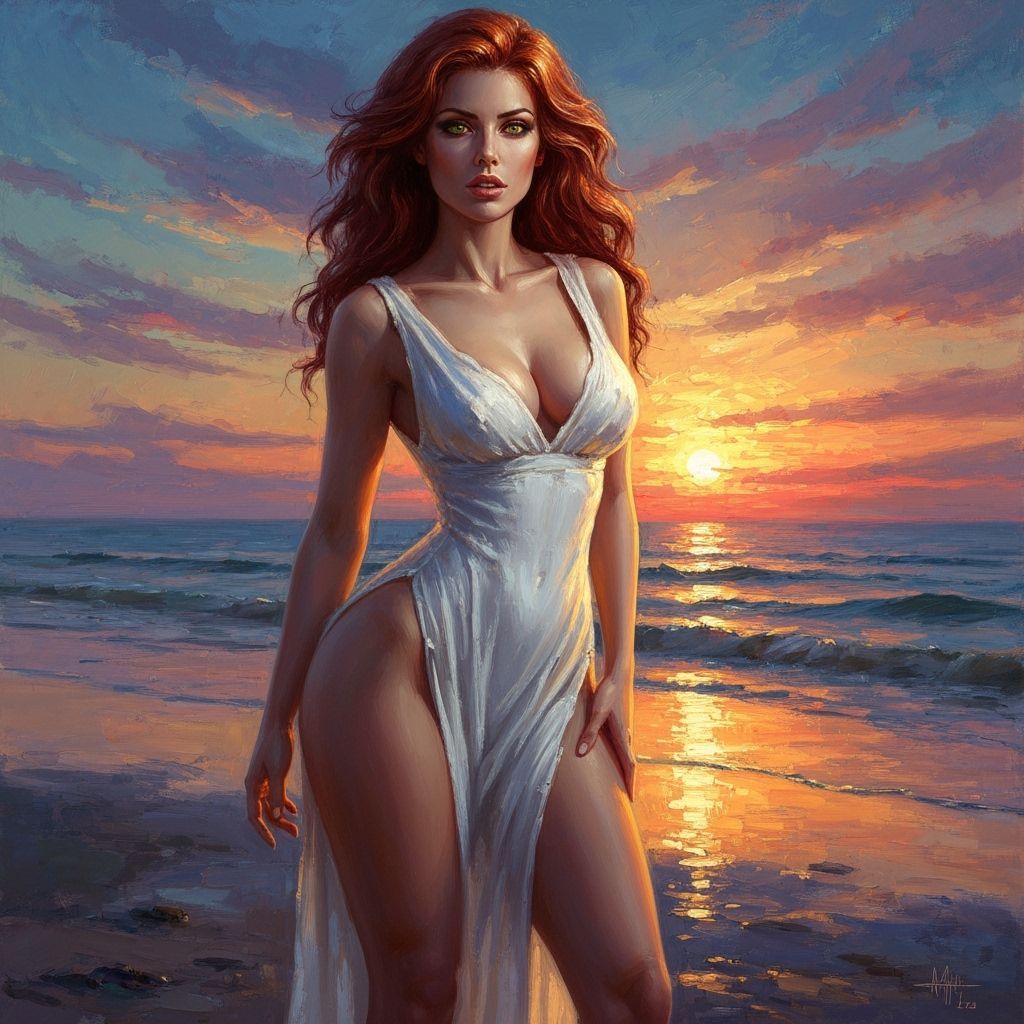 Woman in White Dress at Sunset Beach Oil Painting