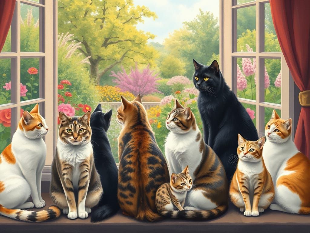 Cats in a Sunny Room: Impressionistic Garden View