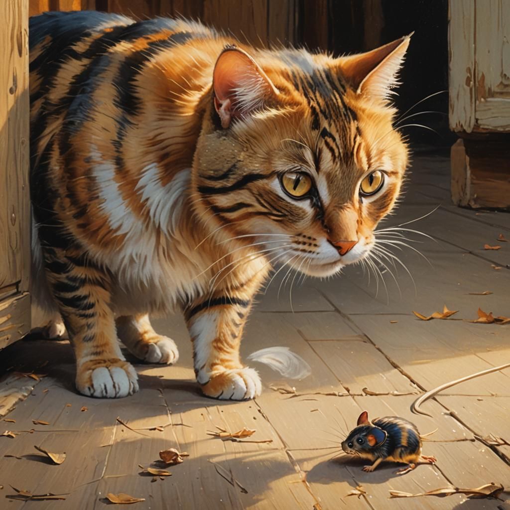 Gorgeous realism: “A cat looks at a frightened, trembling mo...