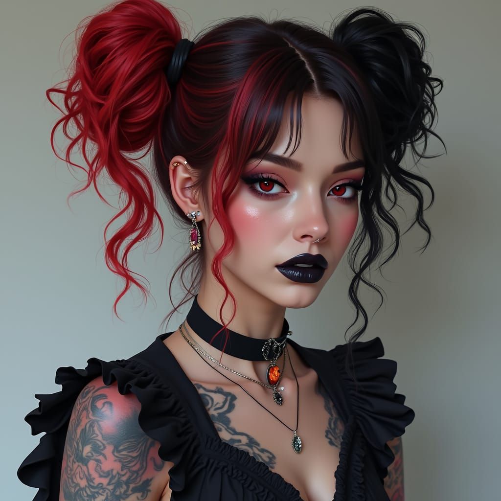 Alternative Woman with Red and Black Double Buns