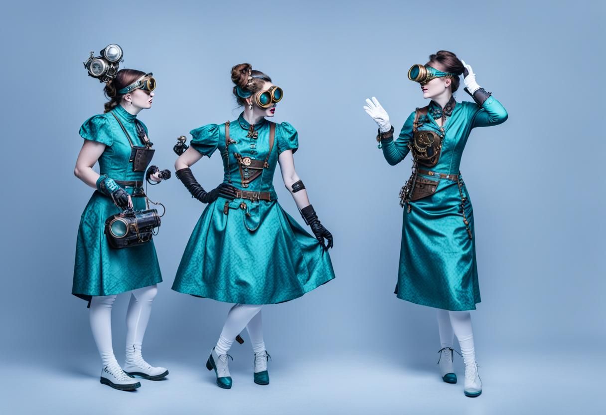 Women in Steampunk Turquoise Gowns Engage in Thoughtful Conv...