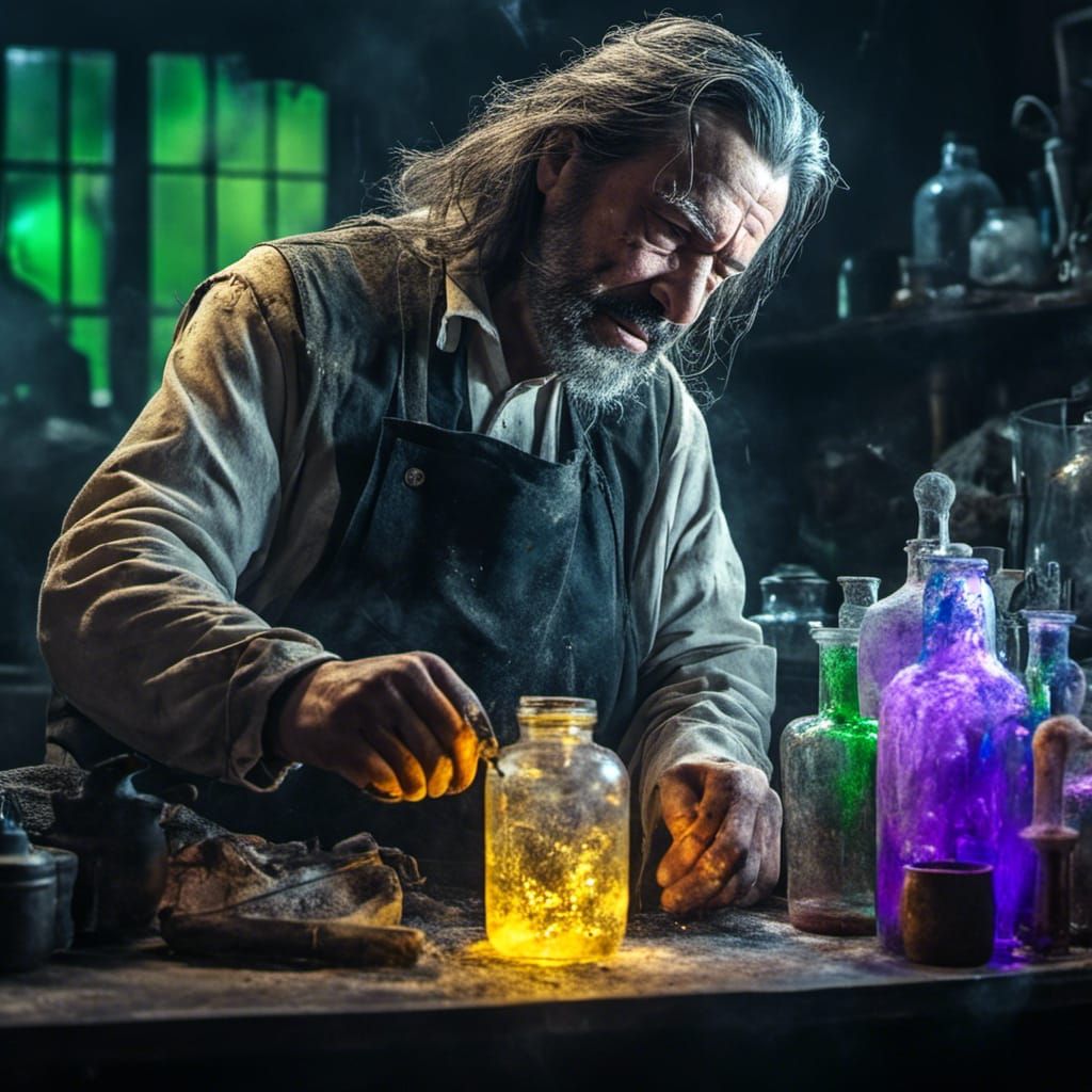 Mad Scientist Working with Neon Liquid in Dark Lab