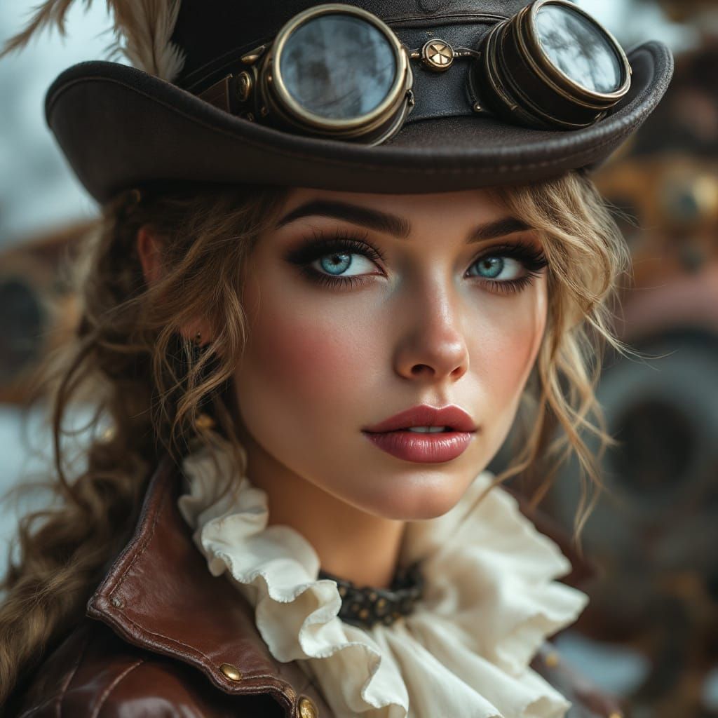Steampunk Woman with Airship Background