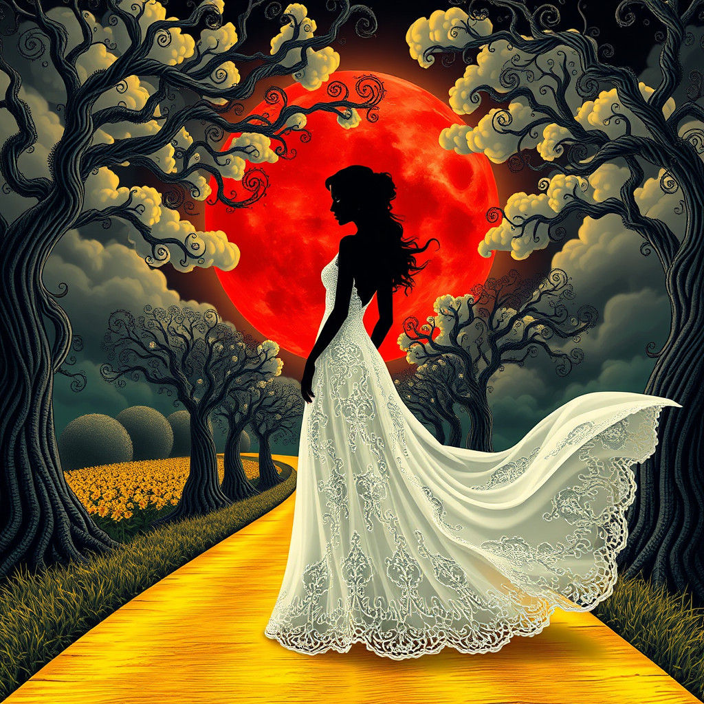 Mystical Woman on Yellow Brick Road in Abstract Vector